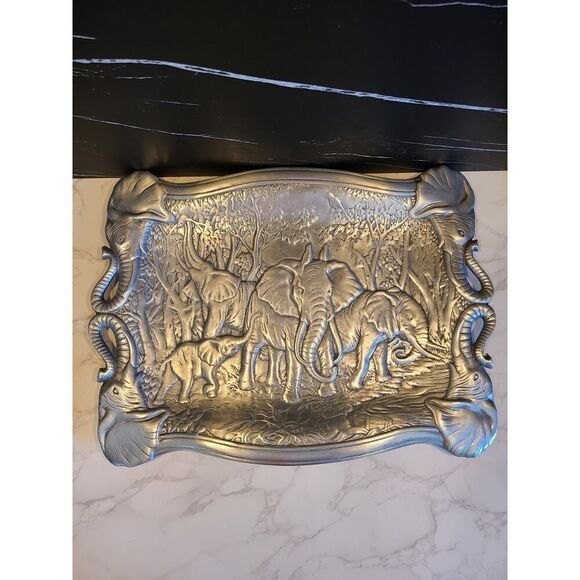 Arthur Court 1987 Aluminum Elephant Safari Serving Tray Platter Décor 18"x14" - Picture 6 of 11